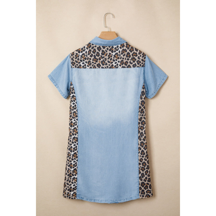 Myosotis Denim Color Block Leopard Patchwork Shirt Collar T Shirt Mini Dress Dresses/T Shirt Dresses