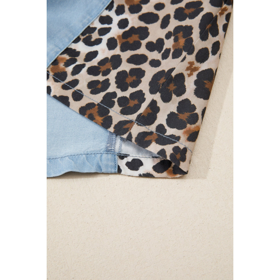 Myosotis Denim Color Block Leopard Patchwork Shirt Collar T Shirt Mini Dress Dresses/T Shirt Dresses