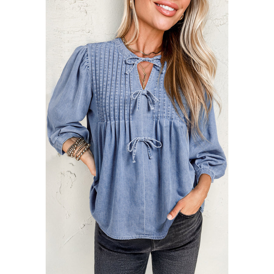 Myosotis Denim Front Pintuck Bow Tie Puff Sleeve Top Myosotis / S / 75% Cotton + 25% Polyester Tops/Blouses & Shirts