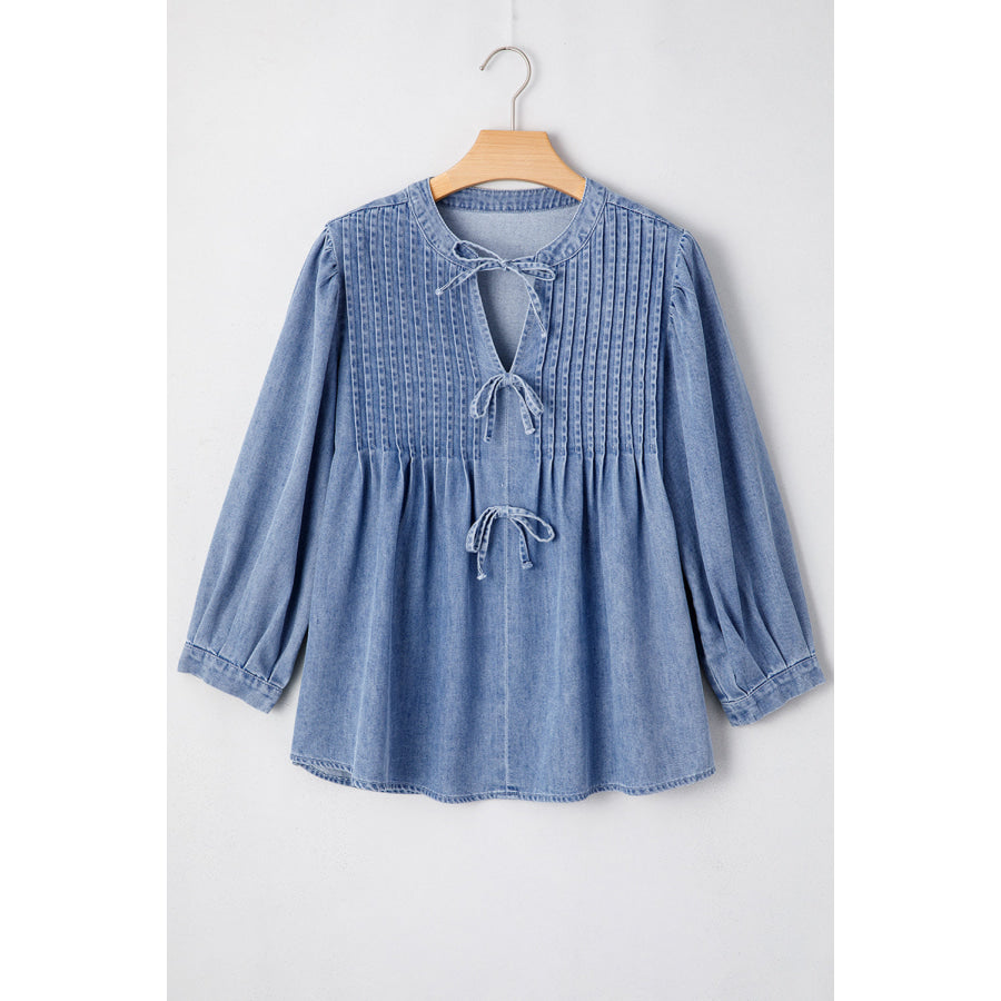 Myosotis Denim Front Pintuck Bow Tie Puff Sleeve Top Tops/Blouses & Shirts
