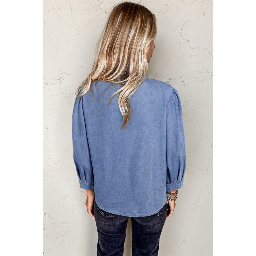 Myosotis Denim Front Pintuck Bow Tie Puff Sleeve Top Tops/Blouses & Shirts