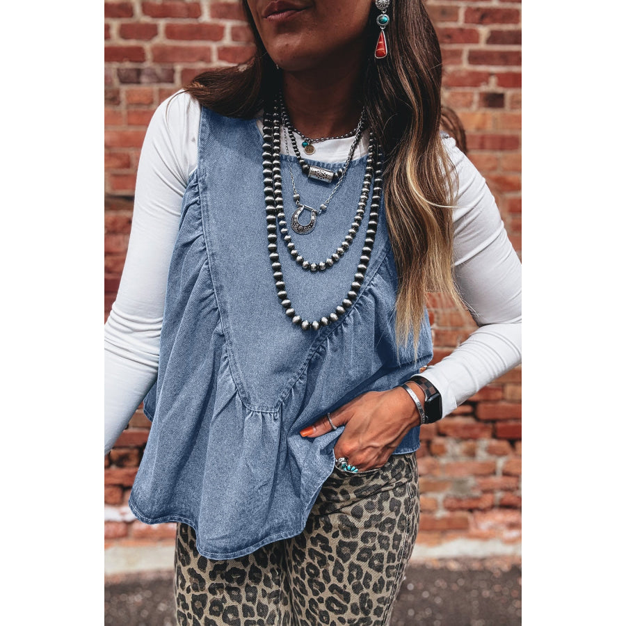 Myosotis Denim Pleated Patchwork Sleeveless Top Myosotis / S / 74.7% Cotton + 16.5% Polyester + 8.8% Regenrated Fibre Tops/Tank Tops