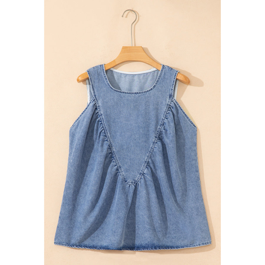 Myosotis Denim Pleated Patchwork Sleeveless Top Tops/Tank Tops