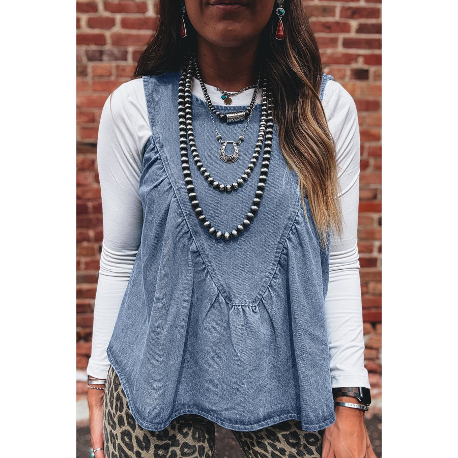 Myosotis Denim Pleated Patchwork Sleeveless Top Tops/Tank Tops