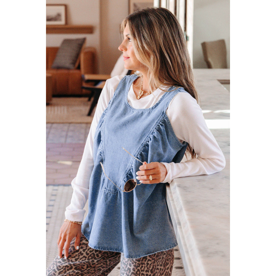 Myosotis Denim Pleated Patchwork Sleeveless Top Tops/Tank Tops