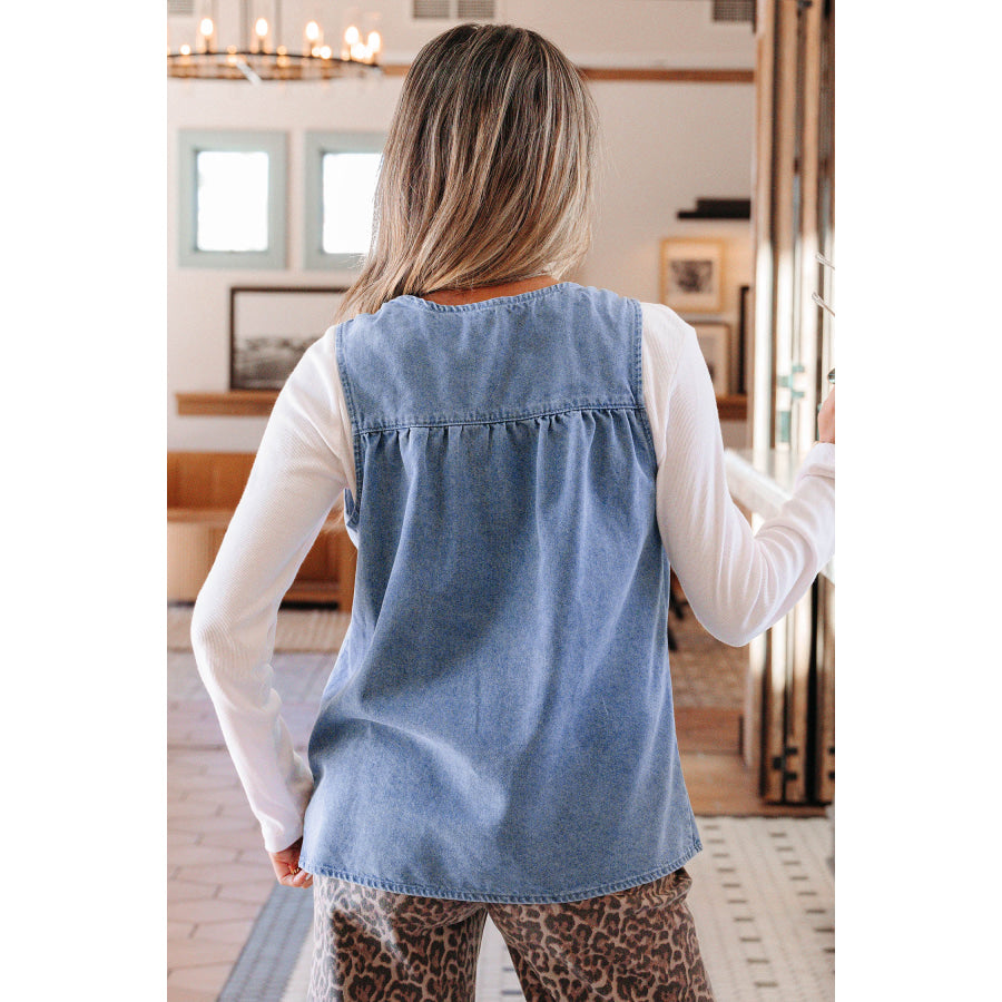 Myosotis Denim Pleated Patchwork Sleeveless Top Tops/Tank Tops