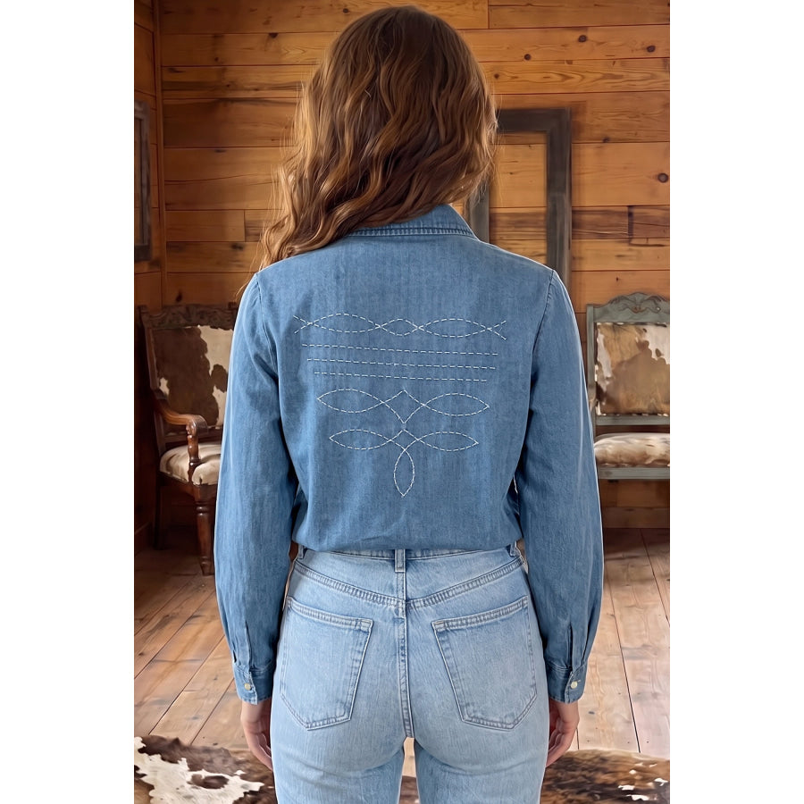 Myosotis Embroidered Western Detail Long Sleeve Collar Shirt Tops/Blouses & Shirts