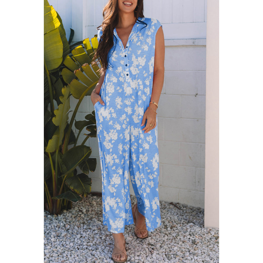 Myosotis Floral Print Half Button Wide Leg Relaxed Sleeveless Jumpsuit Bottoms/Jumpsuits & Rompers