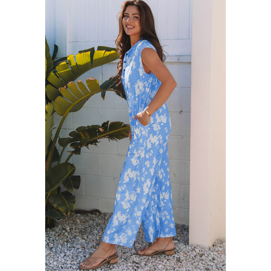 Myosotis Floral Print Half Button Wide Leg Relaxed Sleeveless Jumpsuit Bottoms/Jumpsuits & Rompers