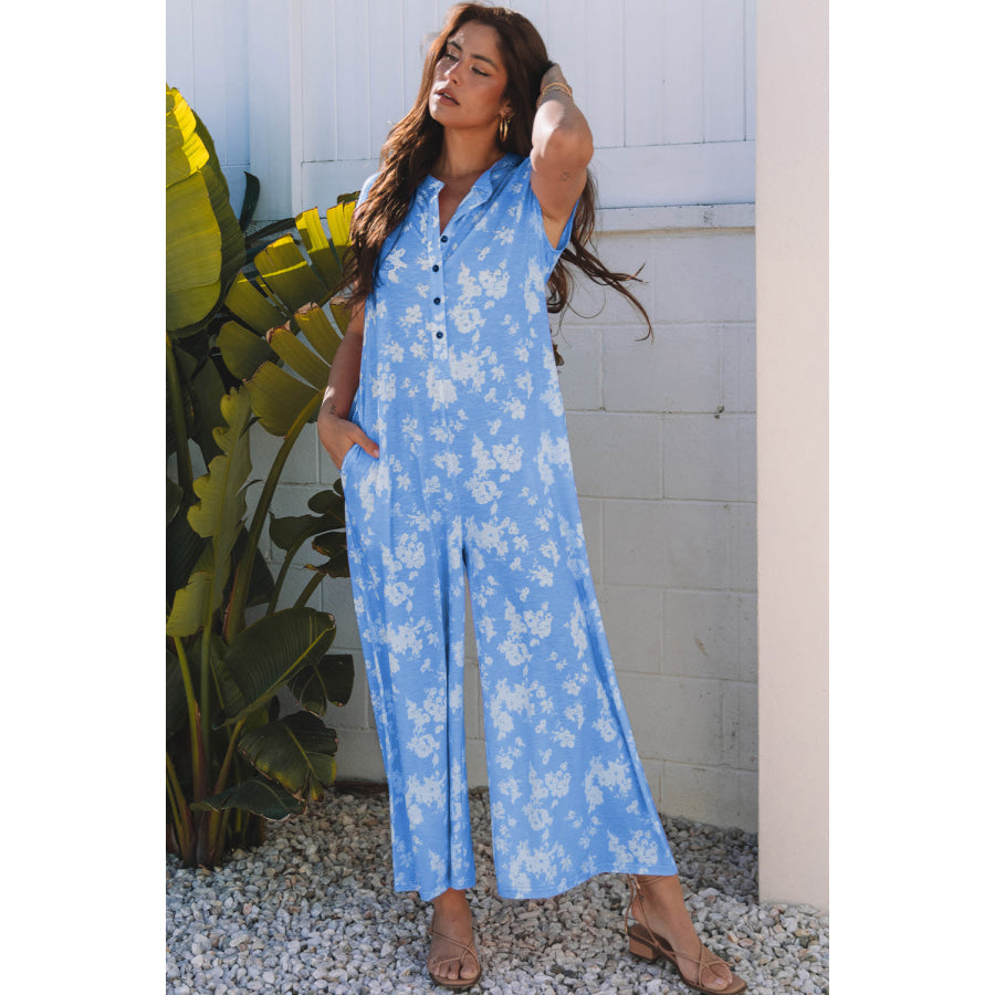 Myosotis Floral Print Half Button Wide Leg Relaxed Sleeveless Jumpsuit Bottoms/Jumpsuits & Rompers