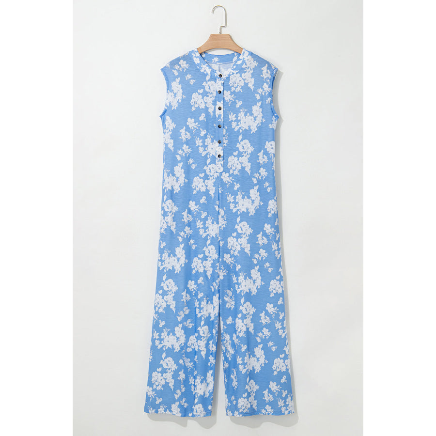 Myosotis Floral Print Half Button Wide Leg Relaxed Sleeveless Jumpsuit Bottoms/Jumpsuits & Rompers