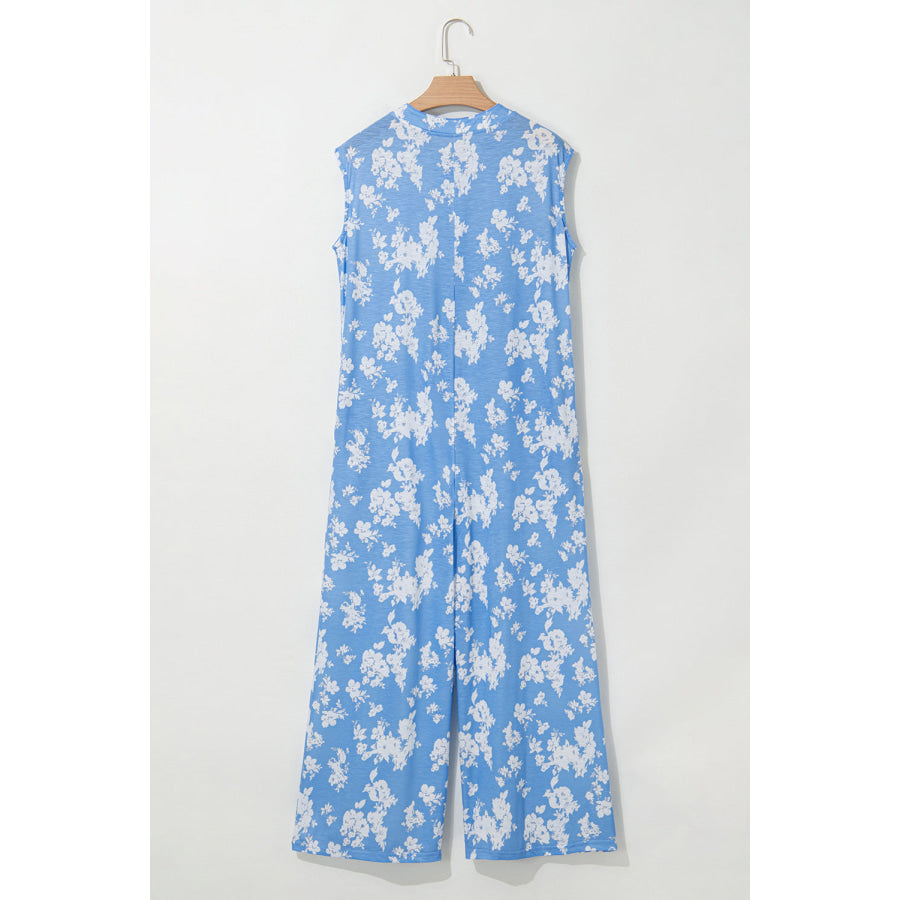 Myosotis Floral Print Half Button Wide Leg Relaxed Sleeveless Jumpsuit Bottoms/Jumpsuits & Rompers