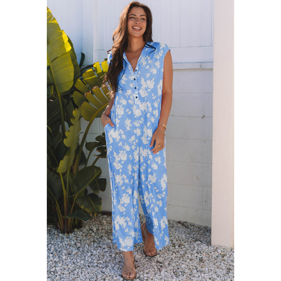 Myosotis Floral Print Half Button Wide Leg Relaxed Sleeveless Jumpsuit Myosotis / S / 95% Polyester + 5% Elastane Bottoms/Jumpsuits &