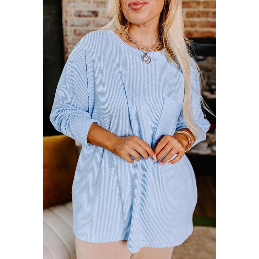 Myosotis Plus Size Ribbed Textured Long Sleeve T Shirt Myosotis / 1X / 75% Polyester + 20% Viscose + 5% Elastane Plus Size/Plus Size