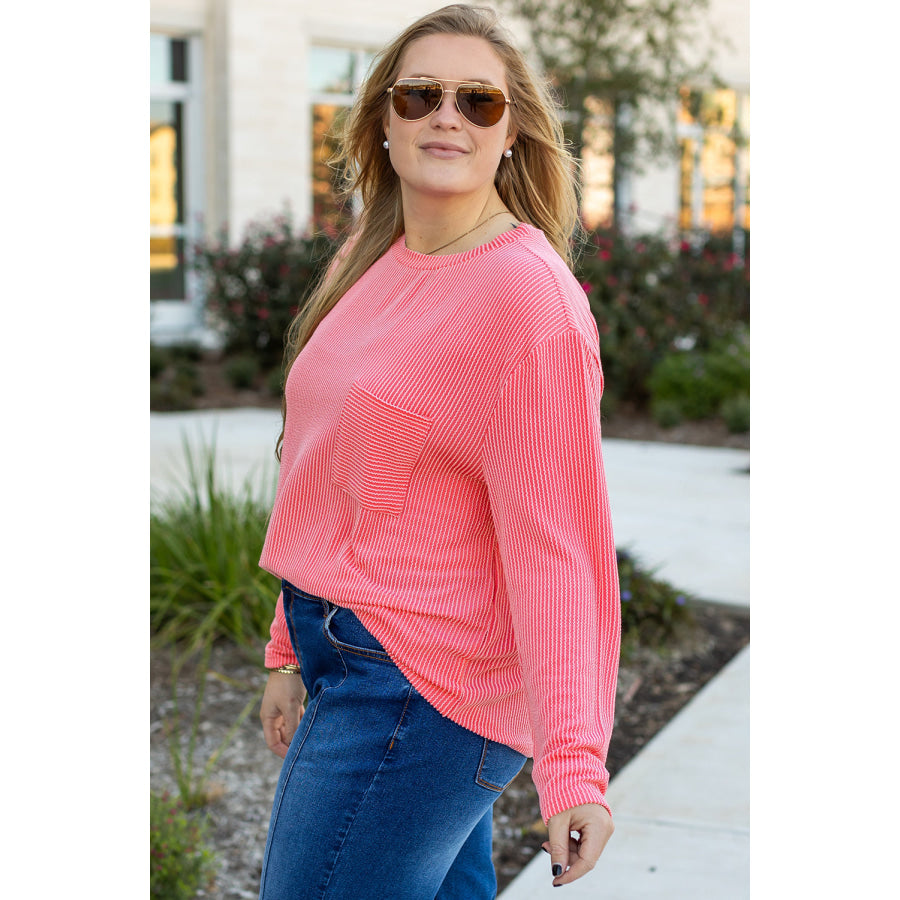 Myosotis Plus Size Ribbed Textured Long Sleeve T Shirt Plus Size/Plus Size Tops/Plus Size Tops & Tees