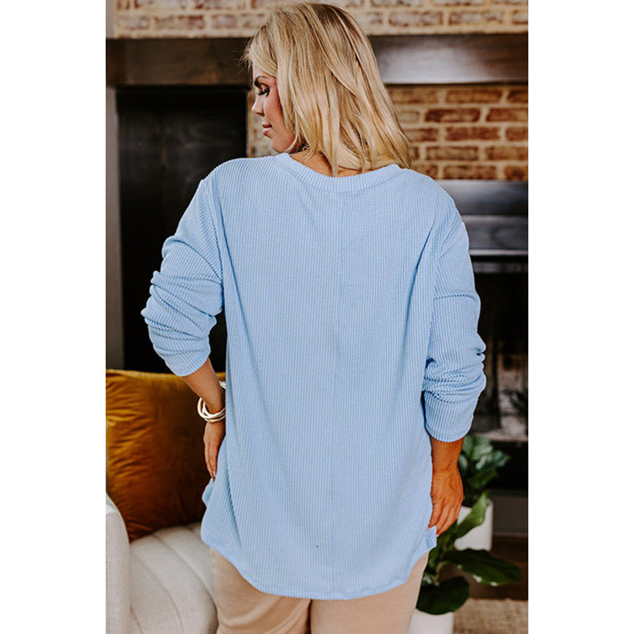 Myosotis Plus Size Ribbed Textured Long Sleeve T Shirt Plus Size/Plus Size Tops/Plus Size Tops & Tees