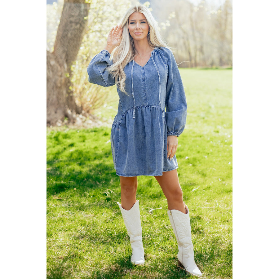 Myosotis Puff Sleeve V Neck Ruffled Loose Denim Mini Dress Dresses/Mini Dresses