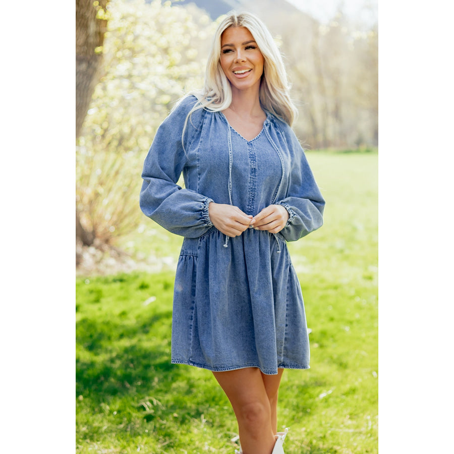 Myosotis Puff Sleeve V Neck Ruffled Loose Denim Mini Dress Dresses/Mini Dresses