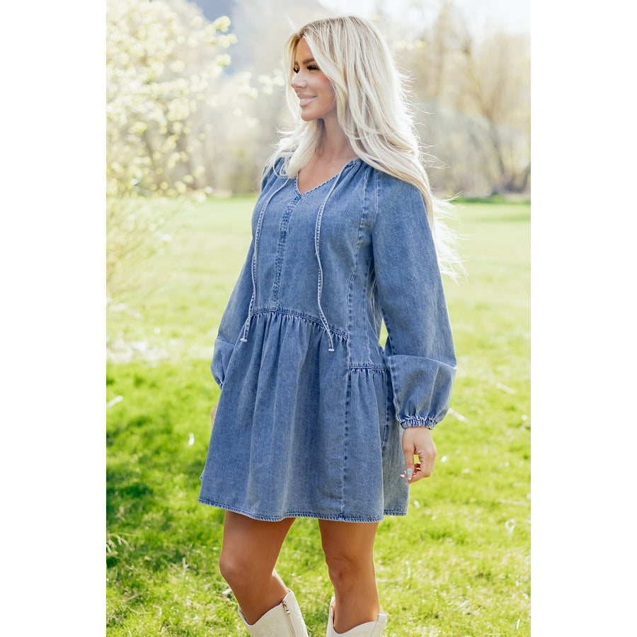 Myosotis Puff Sleeve V Neck Ruffled Loose Denim Mini Dress Dresses/Mini Dresses