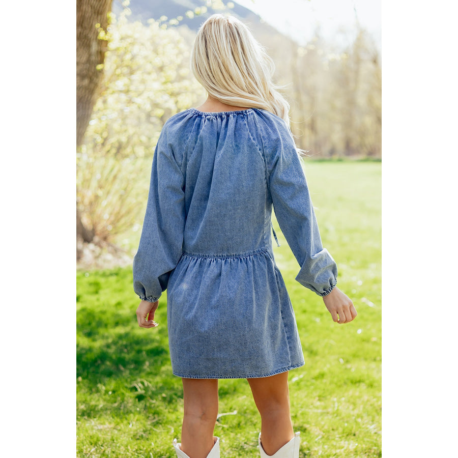 Myosotis Puff Sleeve V Neck Ruffled Loose Denim Mini Dress Dresses/Mini Dresses