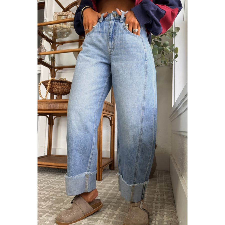 Myosotis Raw Hem Turnup Loose Ankle-length Jeans / 4 Bottoms/Jeans