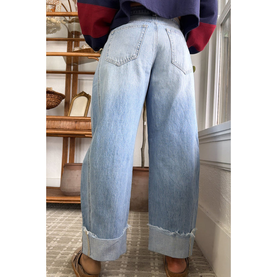 Myosotis Raw Hem Turnup Loose Ankle-length Jeans Bottoms/Jeans