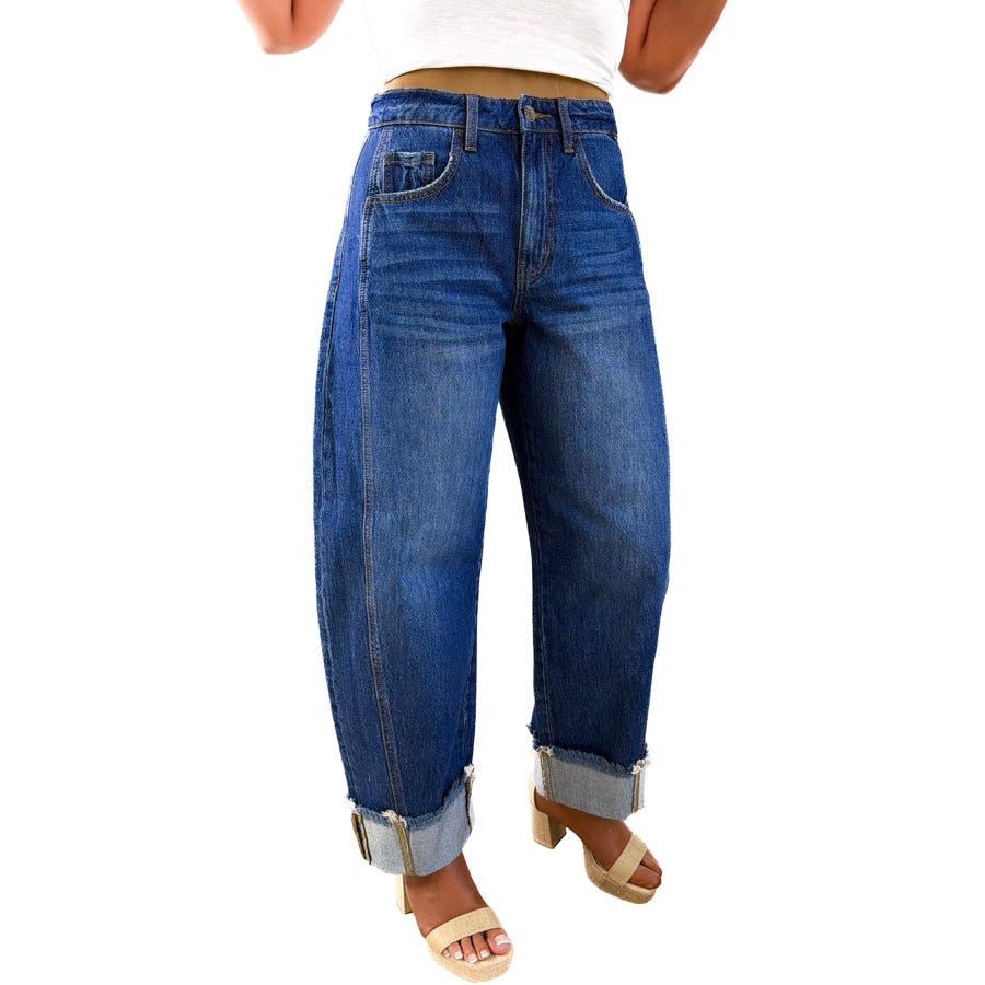 Myosotis Raw Hem Turnup Loose Ankle-length Jeans Bottoms/Jeans