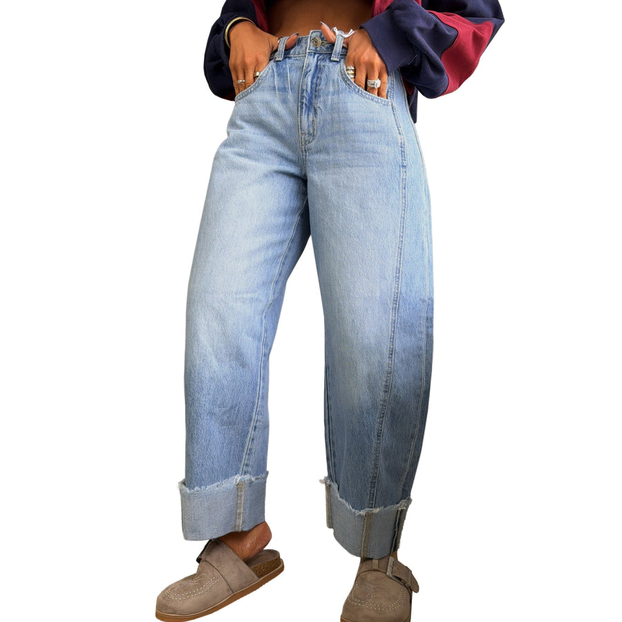 Myosotis Raw Hem Turnup Loose Ankle-length Jeans Bottoms/Jeans