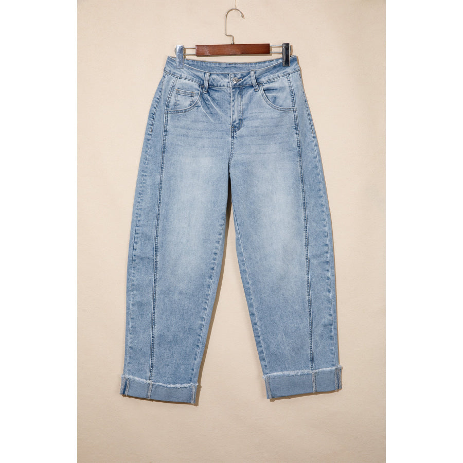 Myosotis Raw Hem Turnup Loose Ankle-length Jeans Bottoms/Jeans