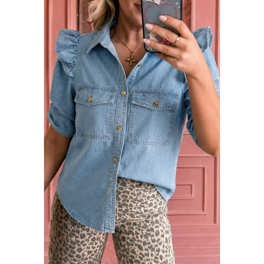 Myosotis Ruffle Detail Short Puff Sleeve Button Down Flap Pocket Denim Shirt Myosotis / S / 74.7% Cotton + 16.5% Polyester + 8.8%
