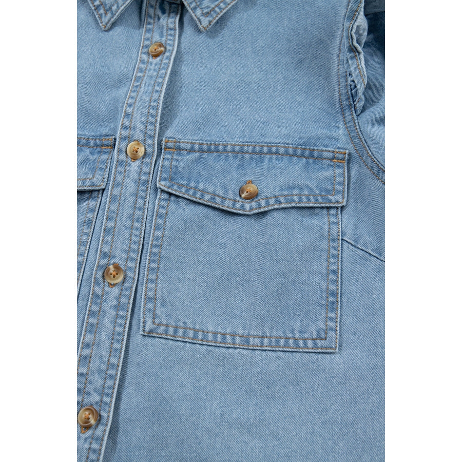 Myosotis Ruffle Detail Short Puff Sleeve Button Down Flap Pocket Denim Shirt Tops/Blouses & Shirts