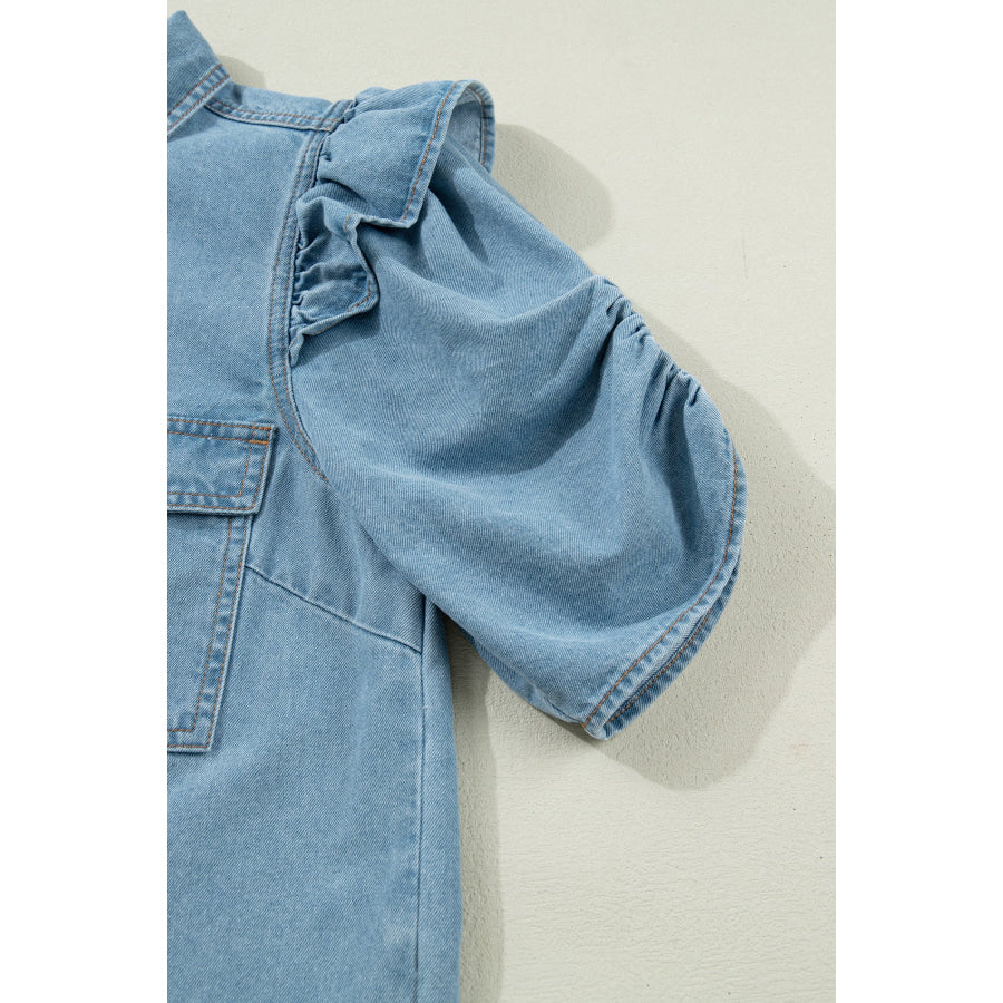 Myosotis Ruffle Detail Short Puff Sleeve Button Down Flap Pocket Denim Shirt Tops/Blouses & Shirts