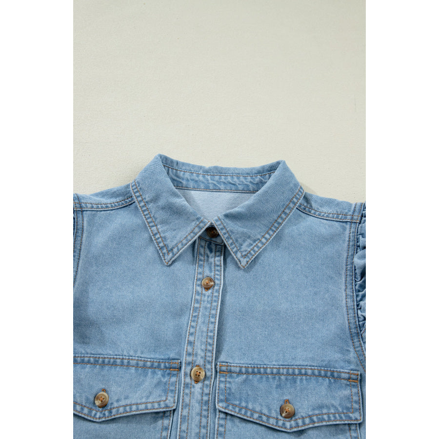 Myosotis Ruffle Detail Short Puff Sleeve Button Down Flap Pocket Denim Shirt Tops/Blouses & Shirts