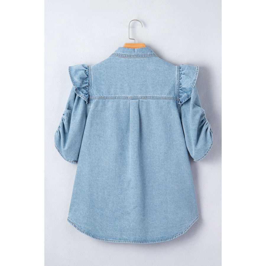 Myosotis Ruffle Detail Short Puff Sleeve Button Down Flap Pocket Denim Shirt Tops/Blouses & Shirts