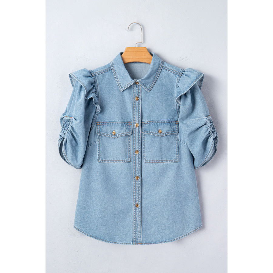 Myosotis Ruffle Detail Short Puff Sleeve Button Down Flap Pocket Denim Shirt Tops/Blouses & Shirts