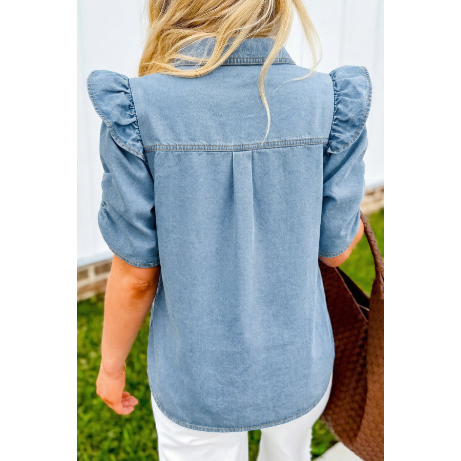 Myosotis Ruffle Detail Short Puff Sleeve Button Down Flap Pocket Denim Shirt Tops/Blouses & Shirts