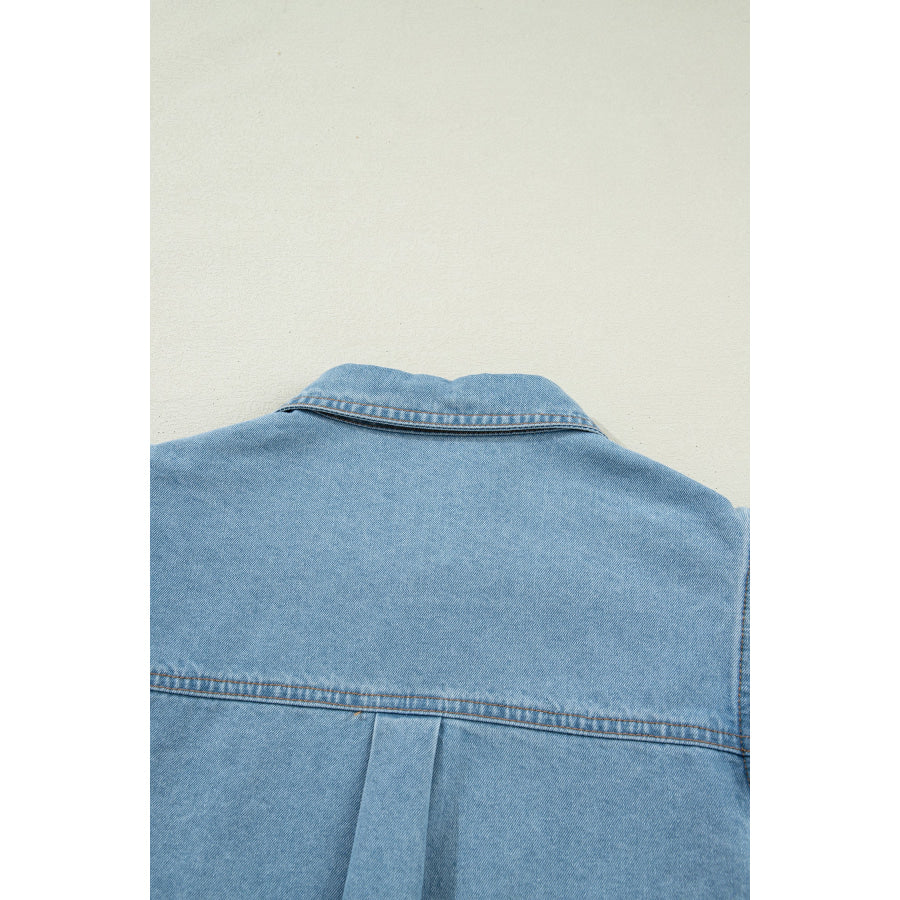 Myosotis Ruffle Detail Short Puff Sleeve Button Down Flap Pocket Denim Shirt Tops/Blouses & Shirts