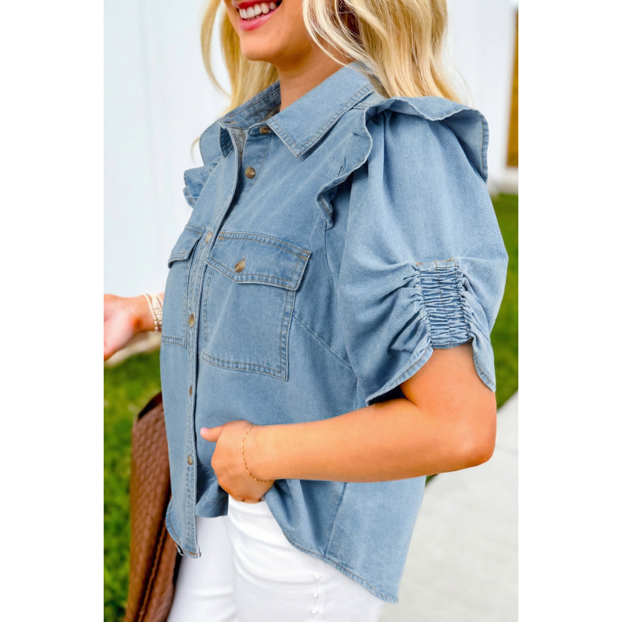 Myosotis Ruffle Detail Short Puff Sleeve Button Down Flap Pocket Denim Shirt Tops/Blouses & Shirts