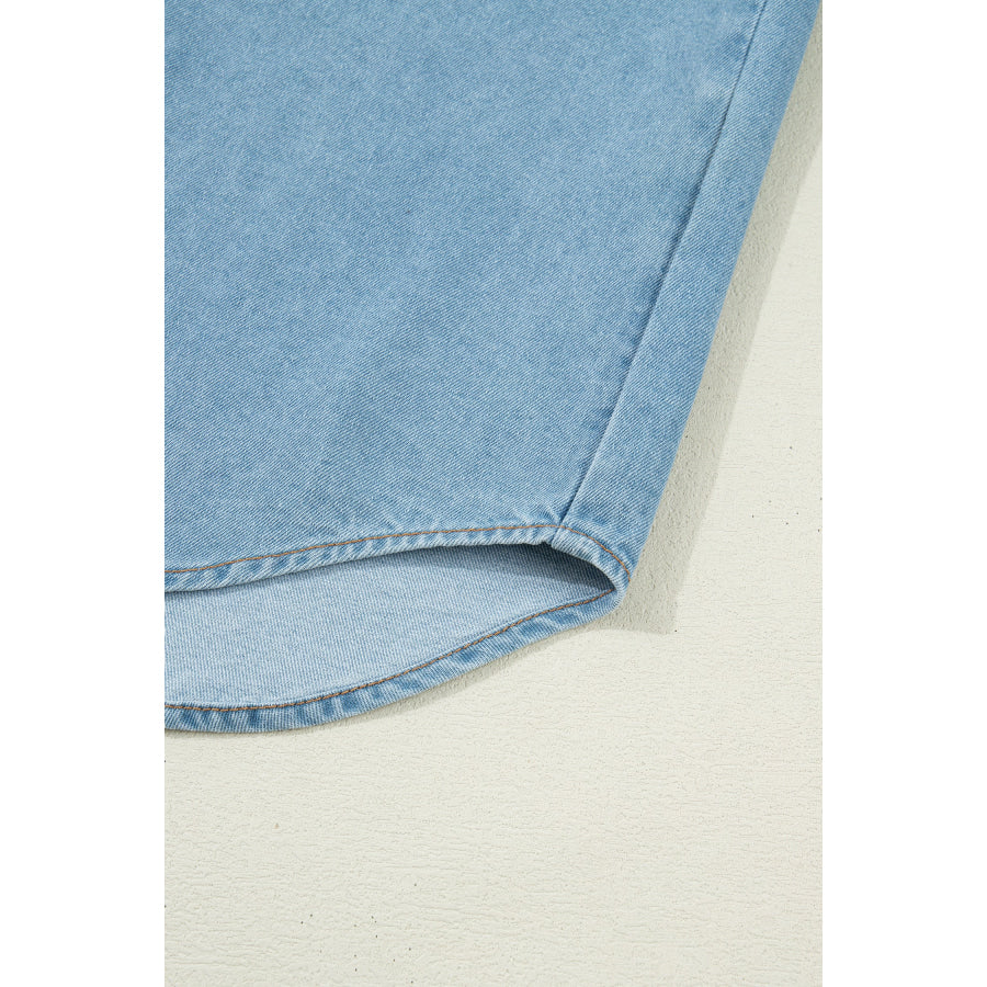 Myosotis Ruffle Detail Short Puff Sleeve Button Down Flap Pocket Denim Shirt Tops/Blouses & Shirts