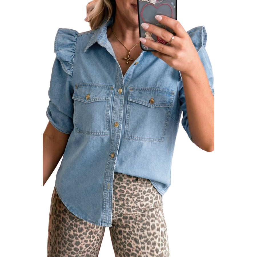 Myosotis Ruffle Detail Short Puff Sleeve Button Down Flap Pocket Denim Shirt Tops/Blouses & Shirts