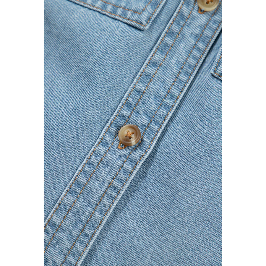 Myosotis Ruffle Detail Short Puff Sleeve Button Down Flap Pocket Denim Shirt Tops/Blouses & Shirts