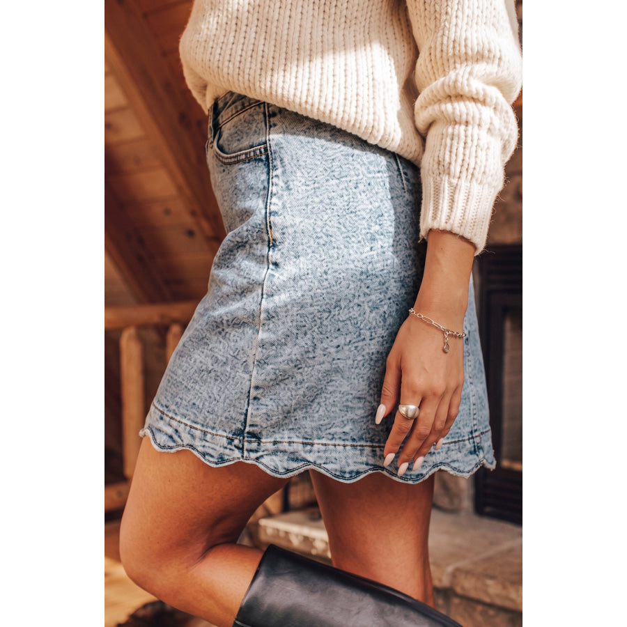 Myosotis Scalloped Detail Button Front Short Denim Skirt Bottoms/Skirts & Petticoat