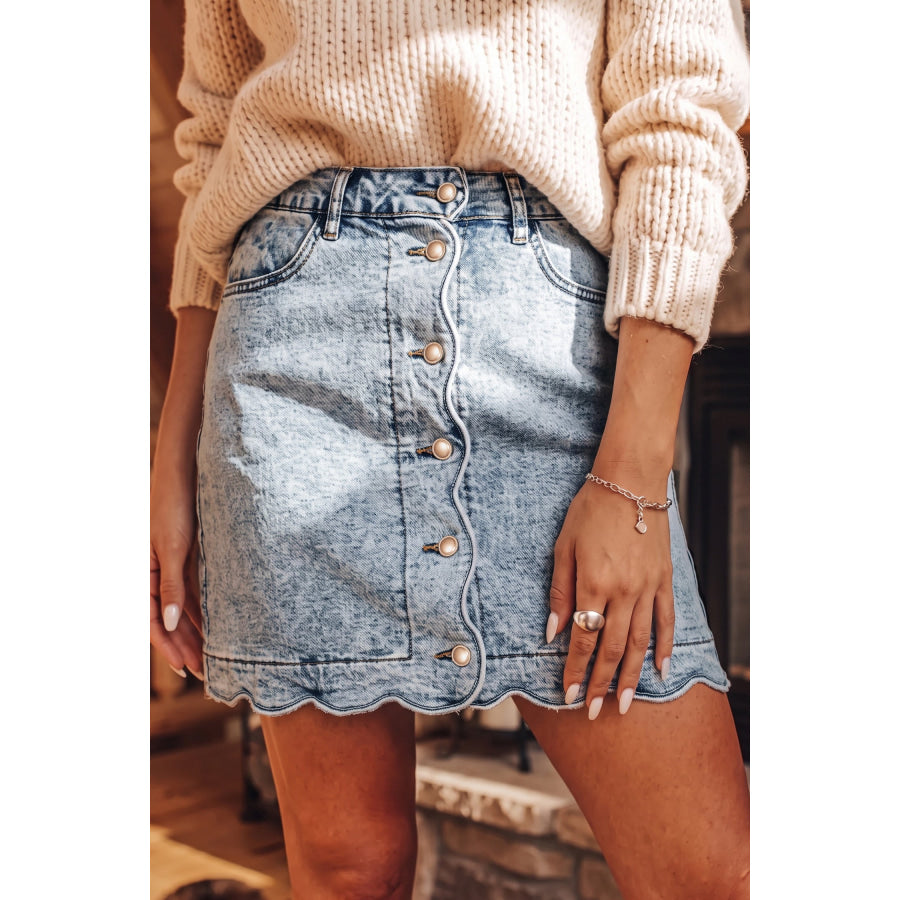 Myosotis Scalloped Detail Button Front Short Denim Skirt Bottoms/Skirts & Petticoat