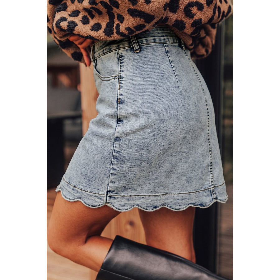 Myosotis Scalloped Detail Button Front Short Denim Skirt Bottoms/Skirts & Petticoat