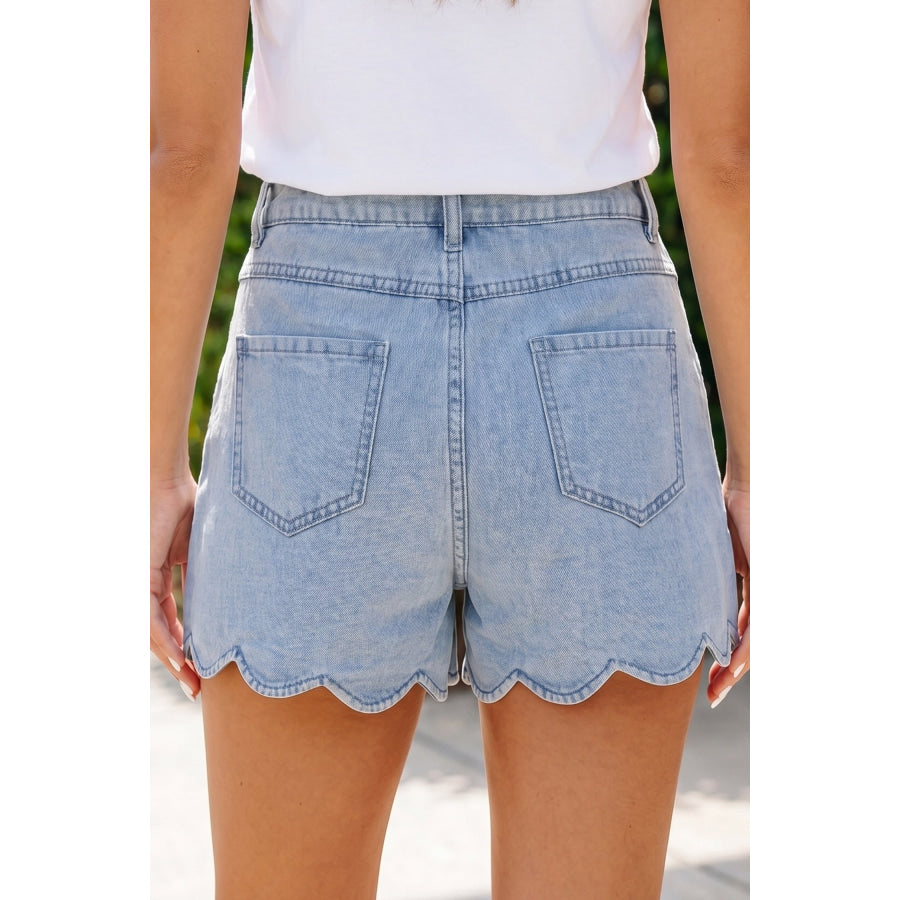 Myosotis Solid Color Scalloped Trim Casual Denim Shorts Myosotis / 4 / 82% Cotton + 10% Polyester + 8% Viscose Bottoms/Denim Shorts