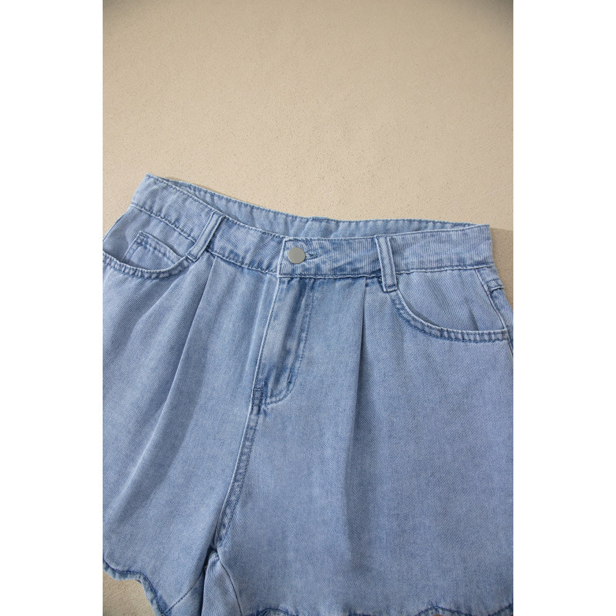 Myosotis Solid Color Scalloped Trim Casual Denim Shorts Bottoms/Denim Shorts