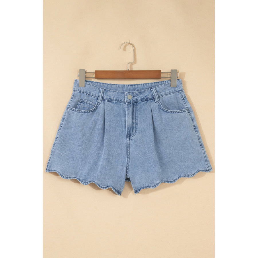 Myosotis Solid Color Scalloped Trim Casual Denim Shorts Bottoms/Denim Shorts