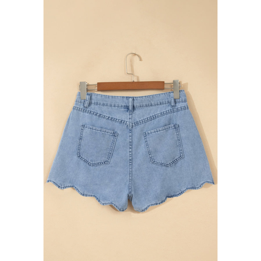 Myosotis Solid Color Scalloped Trim Casual Denim Shorts Bottoms/Denim Shorts