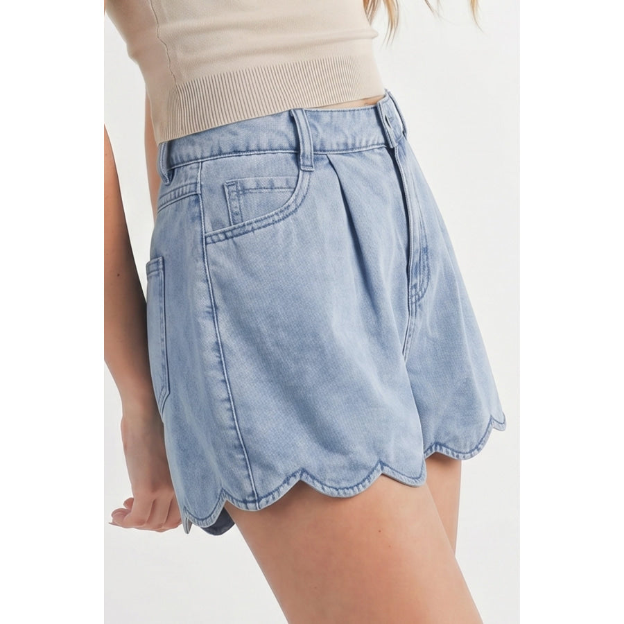 Myosotis Solid Color Scalloped Trim Casual Denim Shorts Bottoms/Denim Shorts