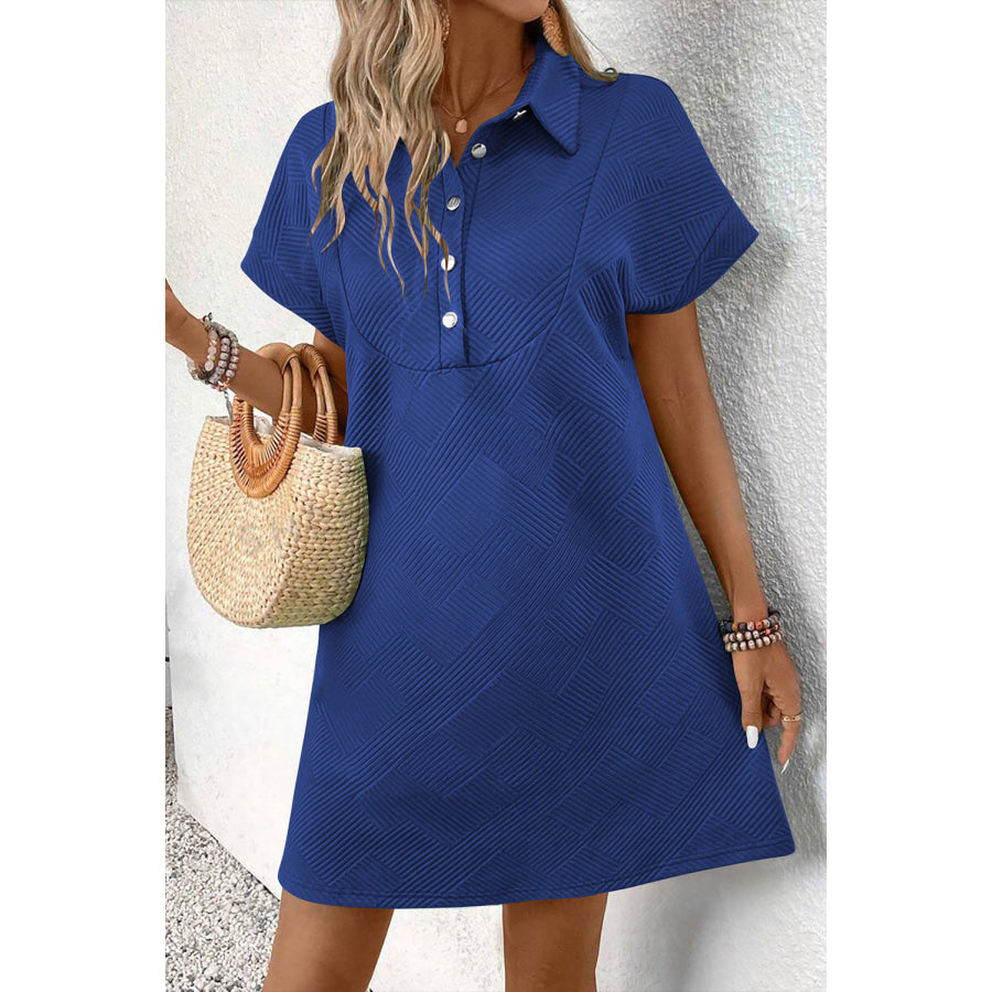 Myosotis Solid Color Textured Short Sleeve A Line Mini Dress Sky Blue / XS / 97% Polyester + 3% Elastane Dresses/Mini Dresses
